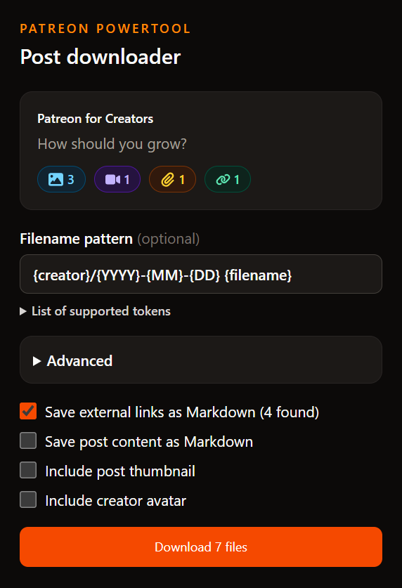 Patreon PowerTool post download options